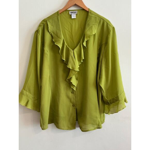 Magic blouse women 3/4 Sleeve Button Silk Shirt ruffle oversized size 3X - Picture 1 of 12